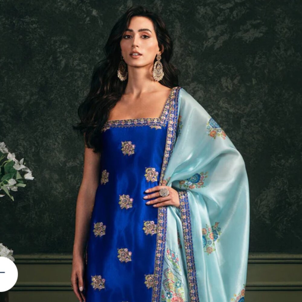 Royal Blue Sharara Suit - Satin Embroidered (NWT)